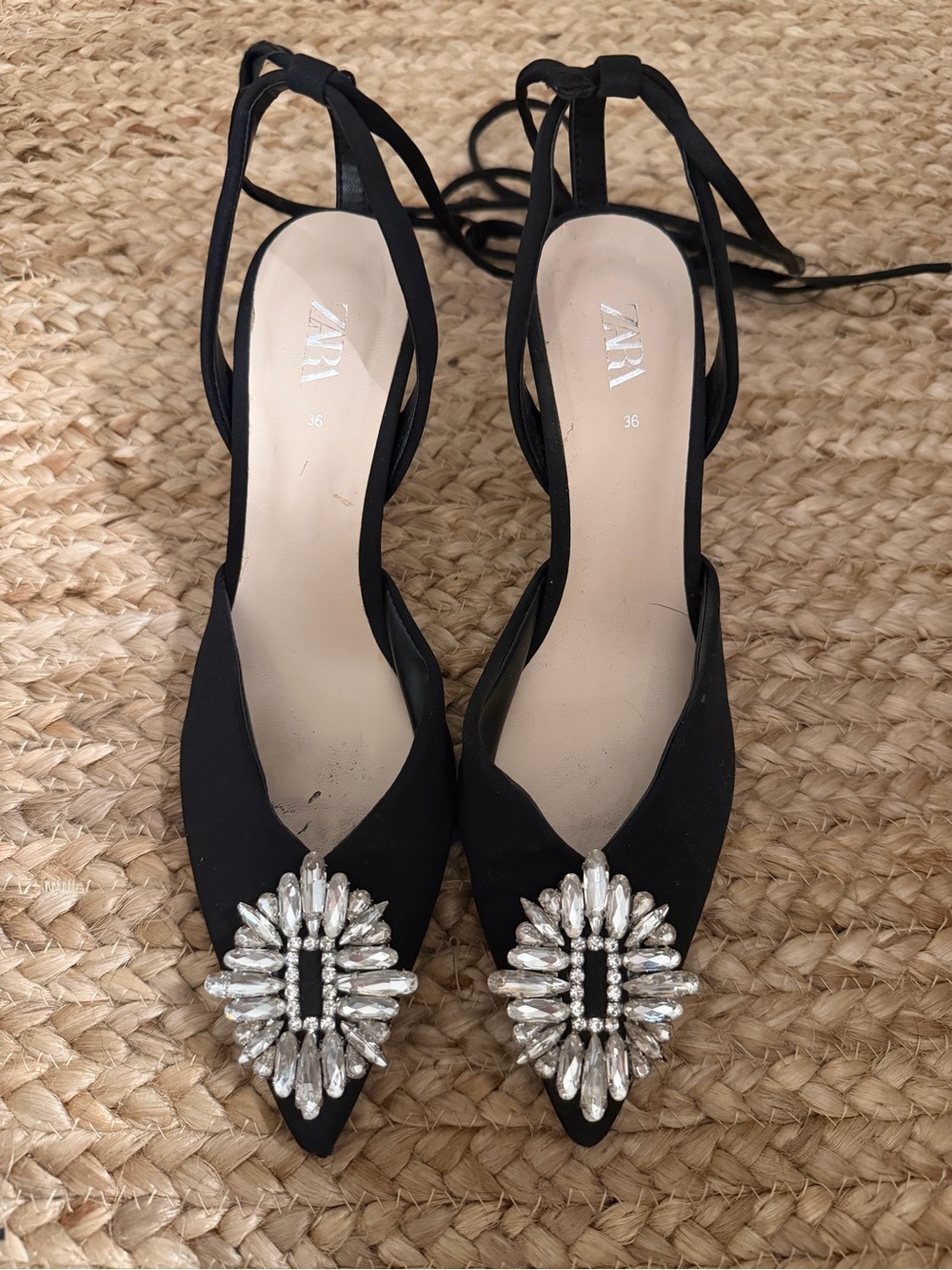 Zara Black Pointed Toe Embellished Lace-Up Heels